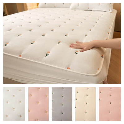 Super Thick Quilted Mattress Cover - Embroidered Cotton Bed Pad for Single/Queen/King Mattresses 