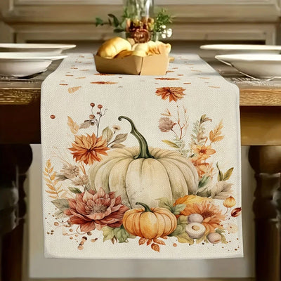 Autumn Thanksgiving Pumpkin and Fall Leaves Design Table Runner Home Decoration for Indoor & Outdoor Festivities Table Flag 