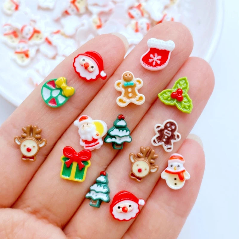 50Pcs New Cute Mini Cartoon Christmas Series Resin Figurine Crafts Flatback Ornament Jewelry Making Hairwear Accessories