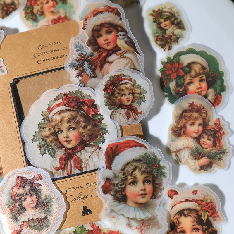 Vintage Christmas Sticker Pack Junk Journal Girl Paper Doll Sticker Collage Phone Laptop Diary Album Gift Scrapbooking Material