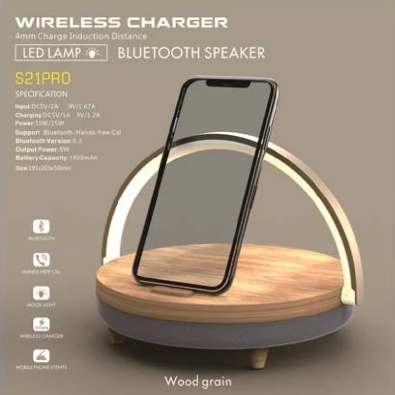 S21 Pro Wood Wireless Charger with LED Lamp and Bluetooth Speaker – 15W High Power Fast Charging for iPhone 14 