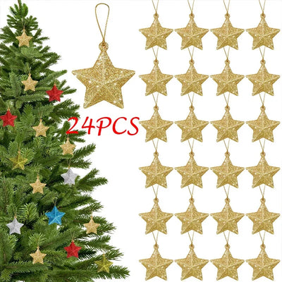 Gold Glitter Star Ornaments Christmas Tree Hanging Pendant 2024 Christmas Decorations for Home Navidad New Year Party DIY Gift 