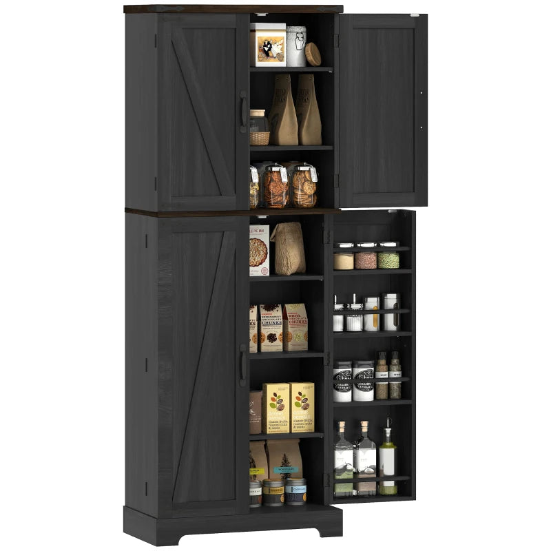 64" Tall Kitchen Pantry Cabinet with Spice Racks and Adjustable Shelves, Black Wood Grain