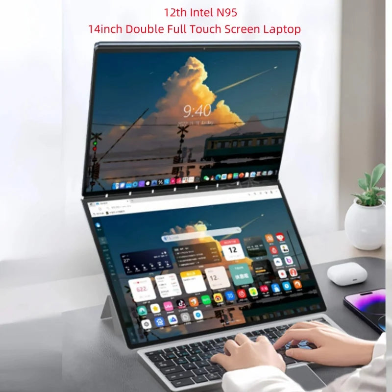 Dual Screen Laptop – 14" + 14" 2K Touchscreen, 16GB RAM, Intel N95 CPU, 360-Degree Flip Metal Case, 2-in-1 Notebook Computer