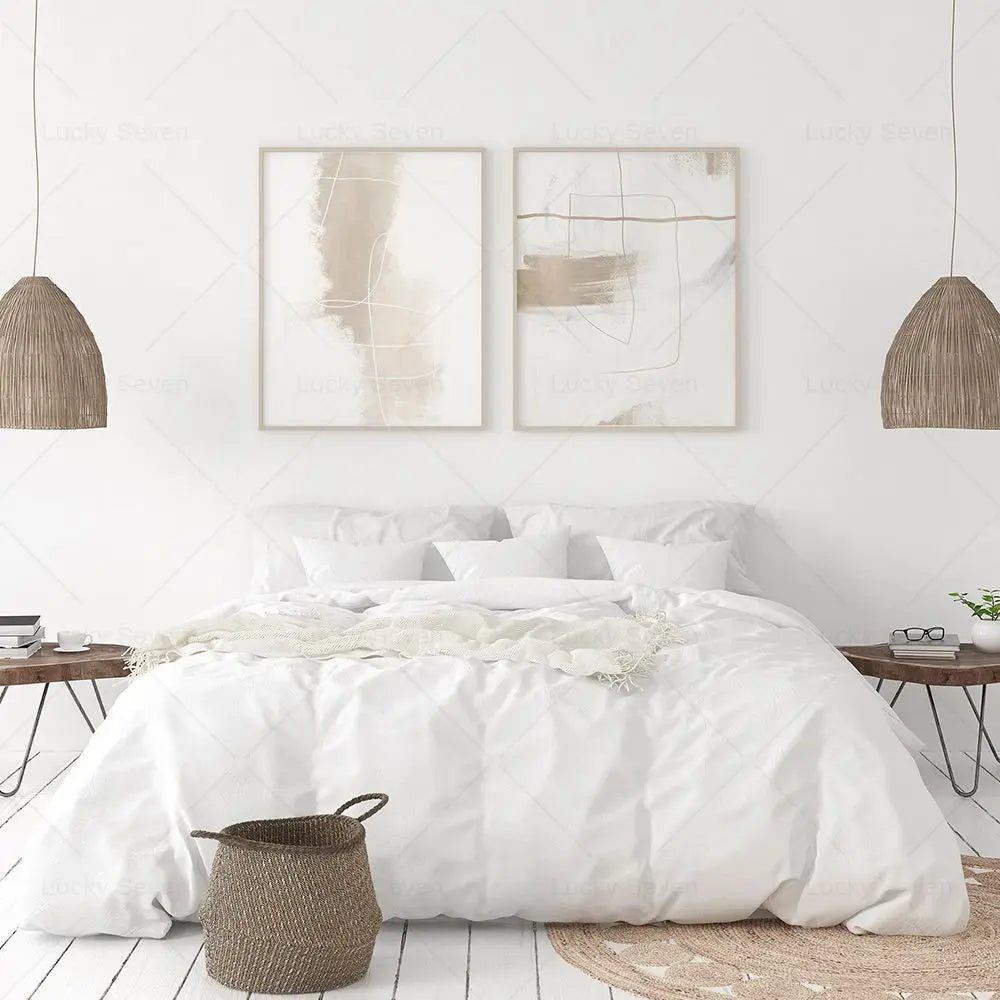 Minimalist Contemporary Abstract Line Art Print - Beige Neutral Brush Stroke Canvas Painting for Gallery Wall Decor 