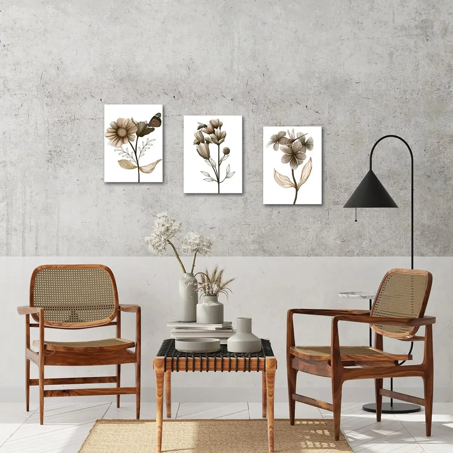 3-Piece Set Flower Canvas Wall Art – Framed Brown Flower Painting Art Prints, Transparent Flowers, and Butter 