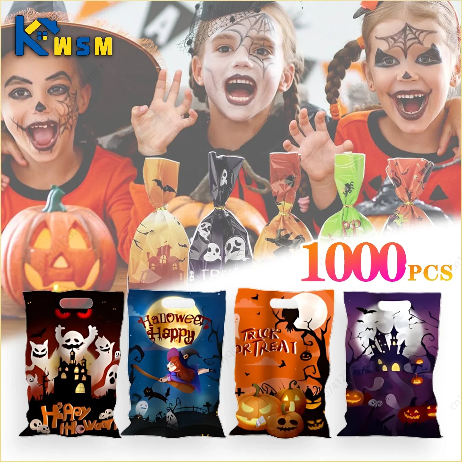 1000PCS Scary Ghost Pumpkin Happy Halloween Candy Gift Bags Trick Or Treat Bags Party Decorations Favor Goodie Gift Wrapping Bag