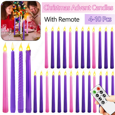 4-10pcs LED Flameless Advent Candles  Taper Candles With Remote Control  for Christmas Advent Rituals Casting Chimes Spells 