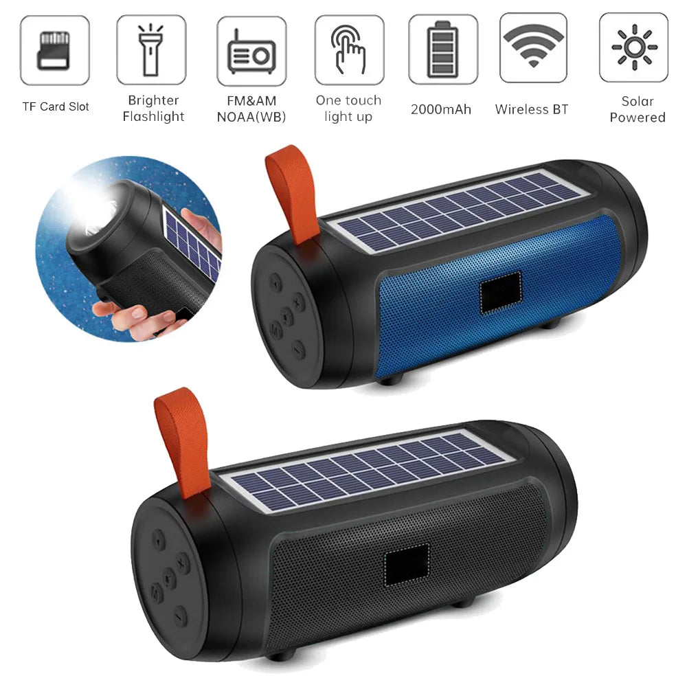 Portable Solar Charging Wireless Stereo Speaker - Outdoor Music Box with Flashlight, Bluetooth-Compatible, TF Card Slot, FM Radio