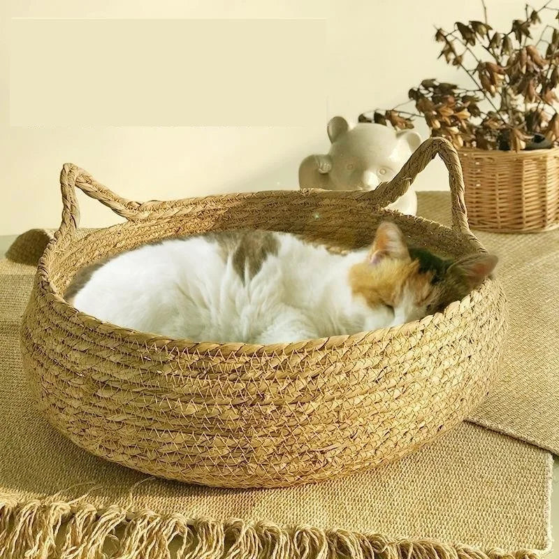 Four Seasons Cat Bed Woven Removable Upholstery Sleeping House Cat Scratch Floor Rattan Washable Cats Pet Products Accessories 