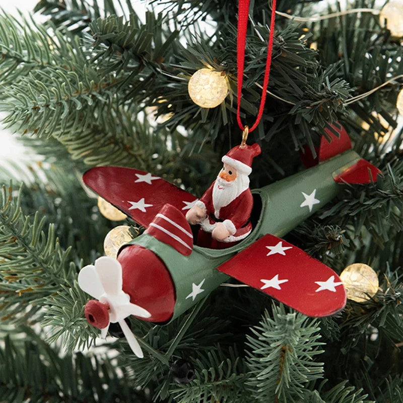 Retro Iron Christmas Pendant Antique Style Santa Claus Airplane Christmas Tree Hanging Decoration Ornaments Snowman Decorative