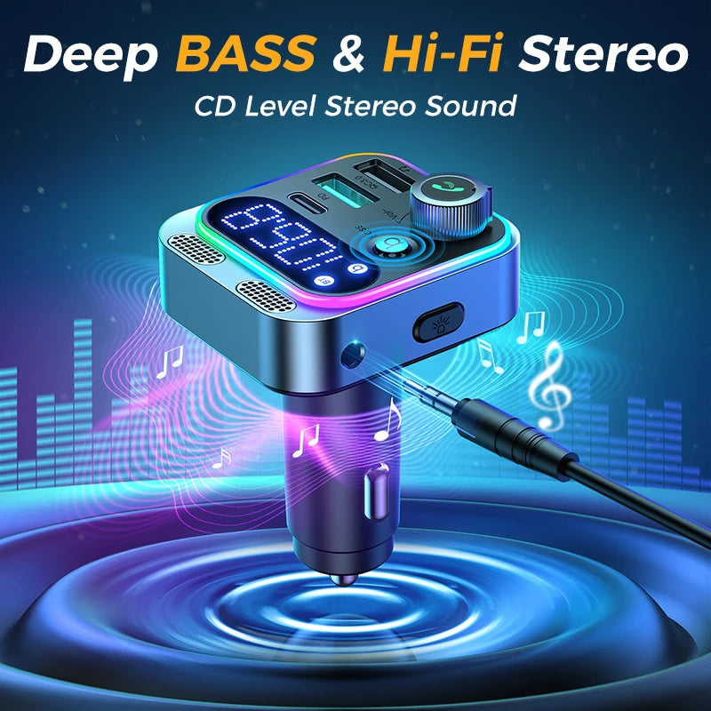 Joyroom Bluetooth 5.3 FM Transmitter for Car with Dual Mics, Deep Bass Sound, and 48W PD & QC3.0 Fast Charger 