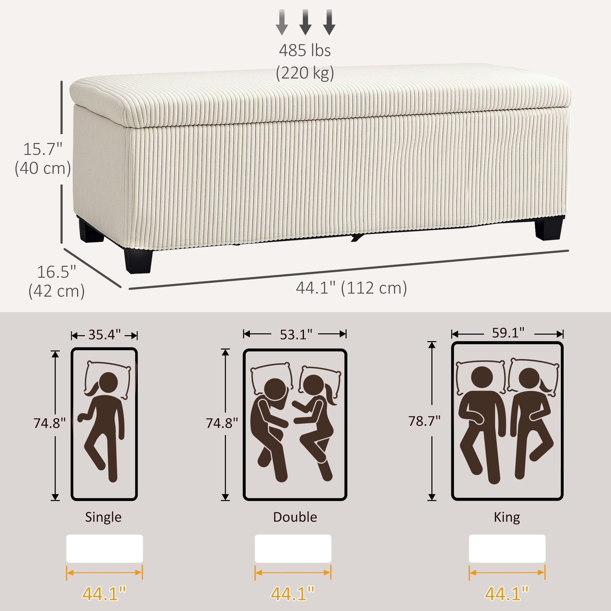 HOMCOM 44 Inches Ottoman with Storage, Lid, Legs, Corduroy End of Bed Bench for Living Room, Bedroom, Entryway, Beige 