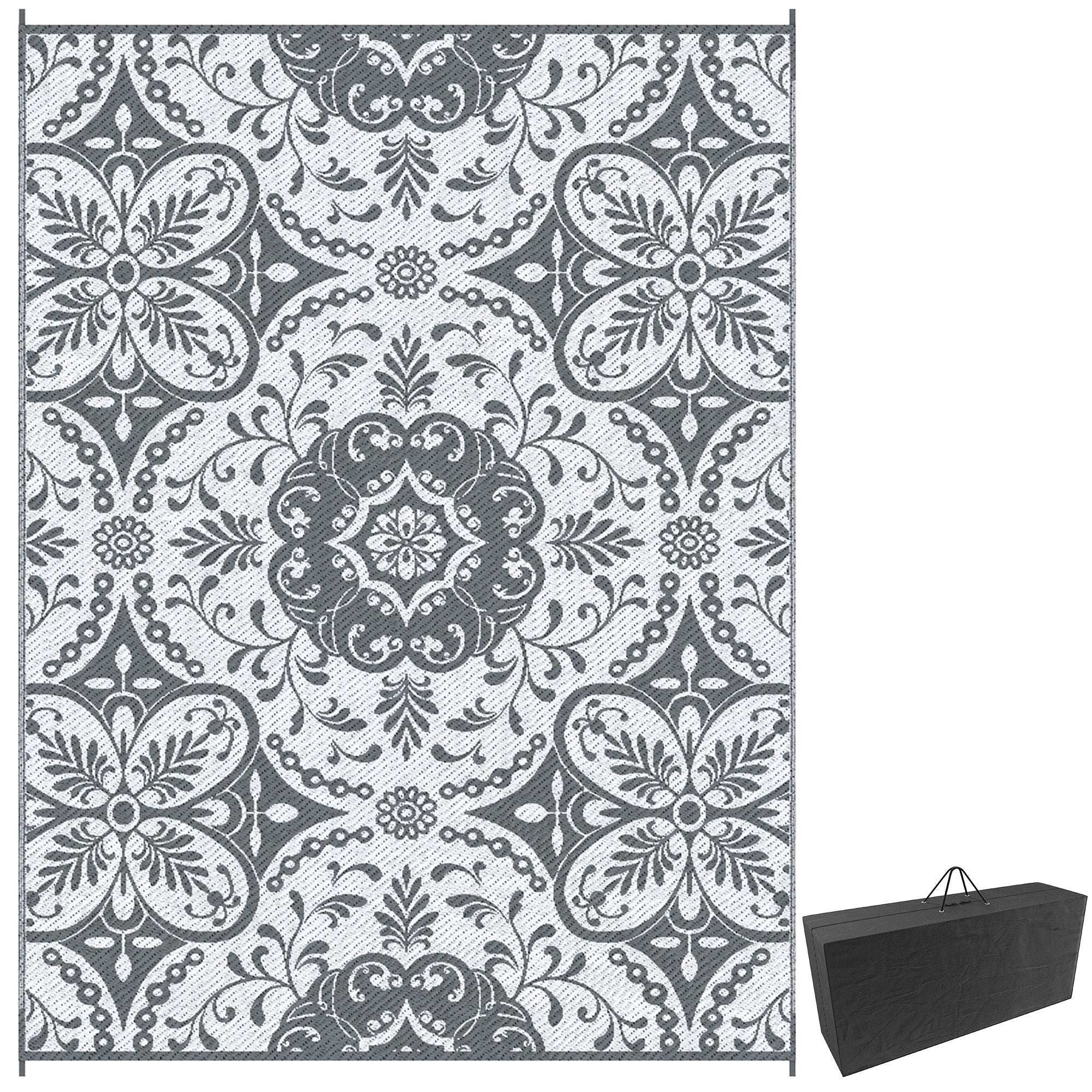 Outsunny 9' x 12' Portable Outdoor Rug Reversible Waterproof Mat with Carry Bag for RV Backyard Deck Grey 