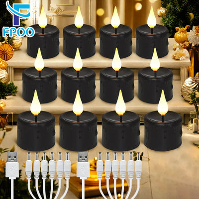 FPOO LED Candle Lot Tea Lights Rechargeable With Remote Control Flashing Black Candles For Christmas Home Decoration Night Light 