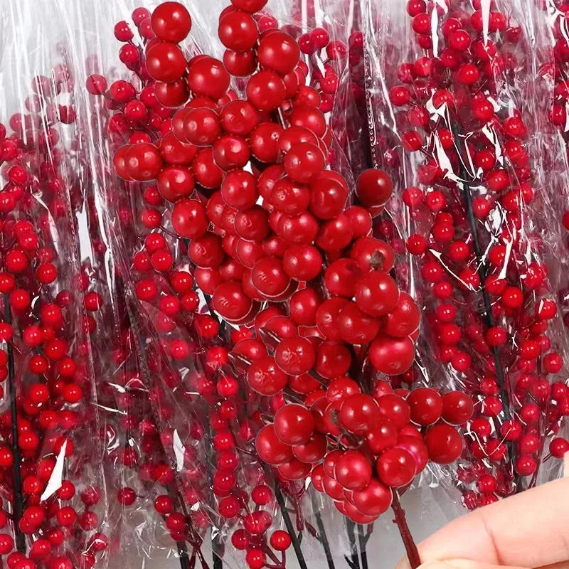 50-1Branch Christmas Artificial Berries Stem Red Holly Berry Fake Flowers Plant For Xmas Tree New Year Party Home Decor Ornament