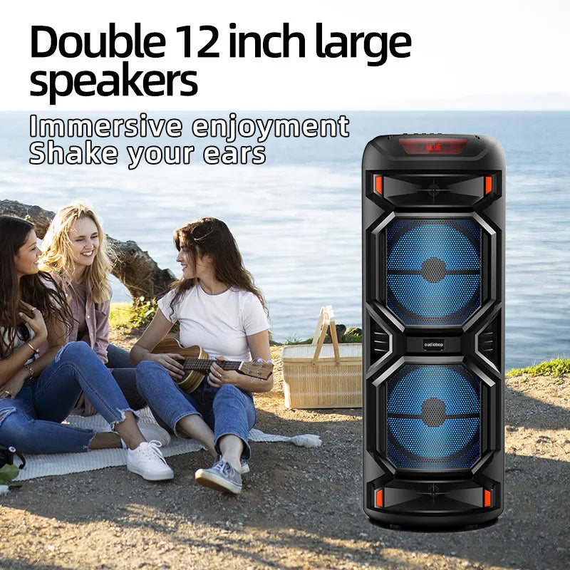 1200W Peak Power Outdoor Bluetooth Speaker - 8-Inch Double Horn Subwoofer, Portable Wireless Column with Bass Sound & Mic