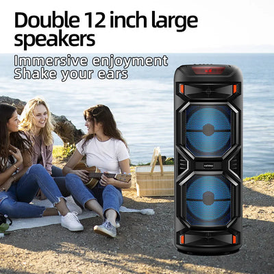 1200W Peak Power Outdoor Bluetooth Speaker - 8-Inch Double Horn Subwoofer, Portable Wireless Column with Bass Sound & Mic 