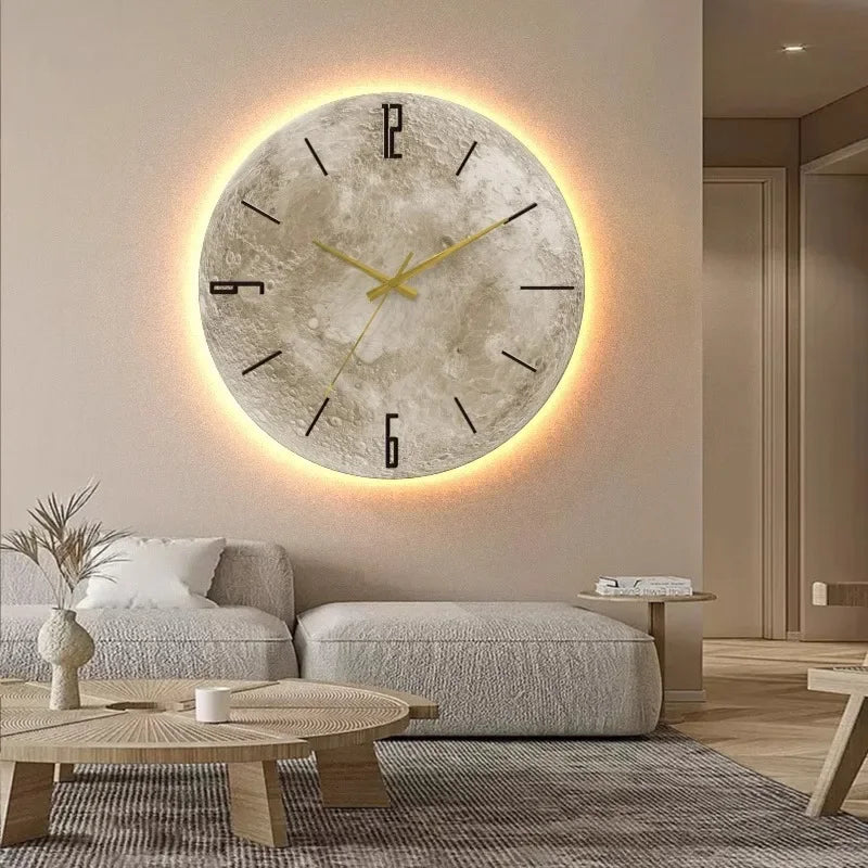 2024 New Sandstone Creative Moon Clock Living Room TV Background Wall Decoration Moon Silent Wall Clock Bedroom Atmosphere Light 