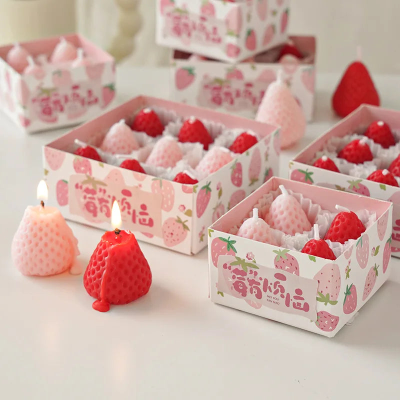 Strawberry Aromatherapy Candle Set, Soybean Wax Fragrance Ornaments, Handmade Simulated Fruits Scented Candles, Home Decorations