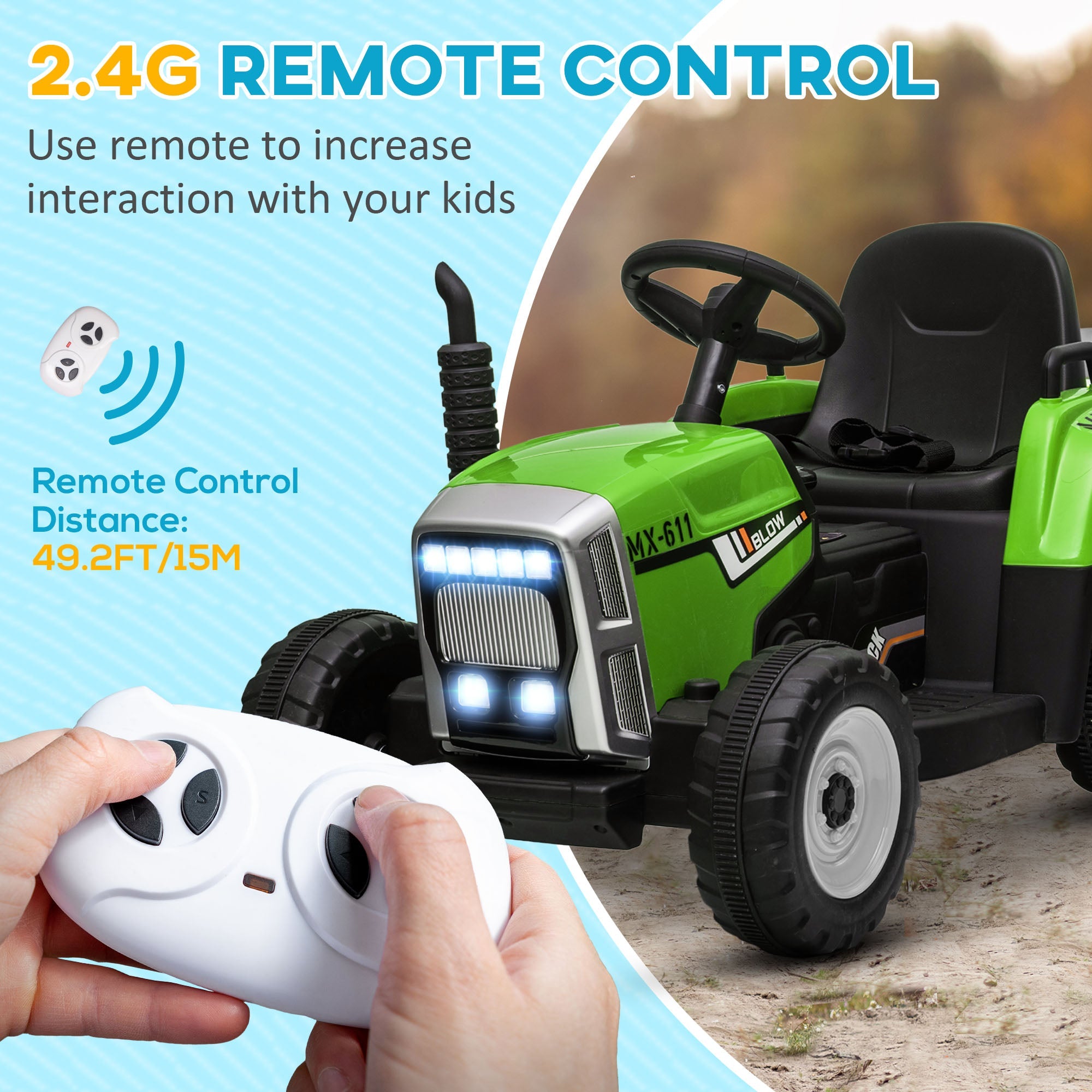 Aosom 12V Electric Tractor for Kids - Ride-On with Trailer, Battery Powered, Remote Control, Music, Start-Up Sound & Horn, Green 
