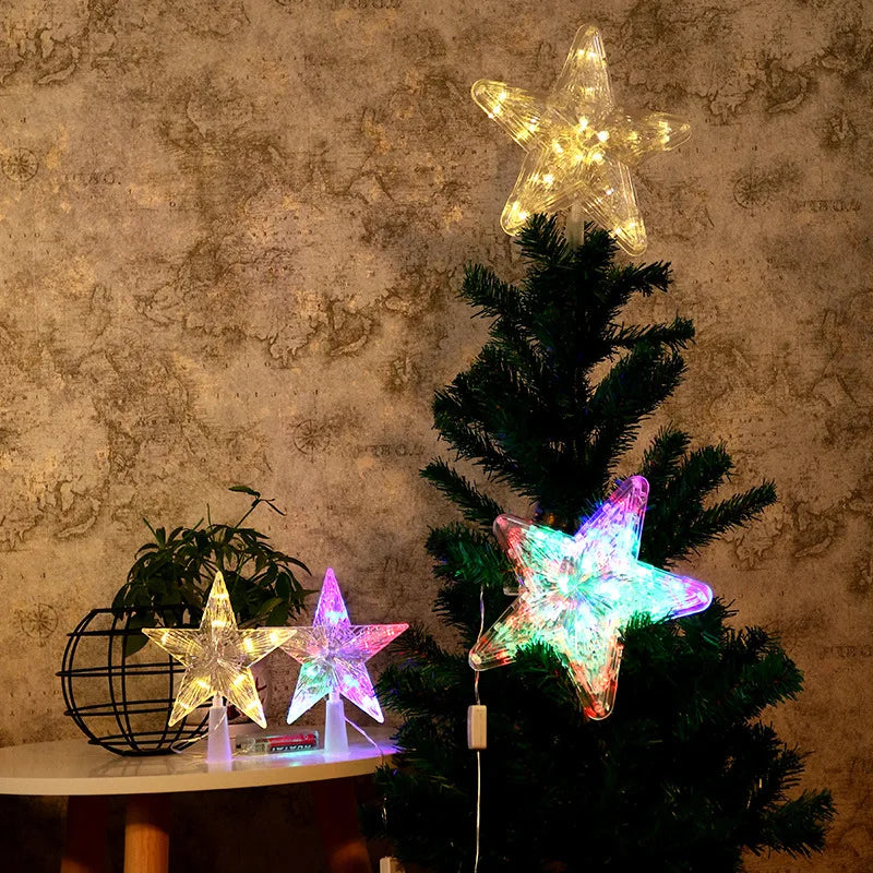 15CM LED Transparent Five-pointed Star Merry Christmas Tree Toppers Cristmas Decorations for Home Xmas Ornaments Navidad 2023 