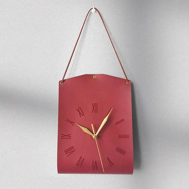 Retro PU Leather Wall Clock Creative Handbag Clock Ornaments Wall-hung Coffee Shop Study Living Room Decorative Wall Clock 