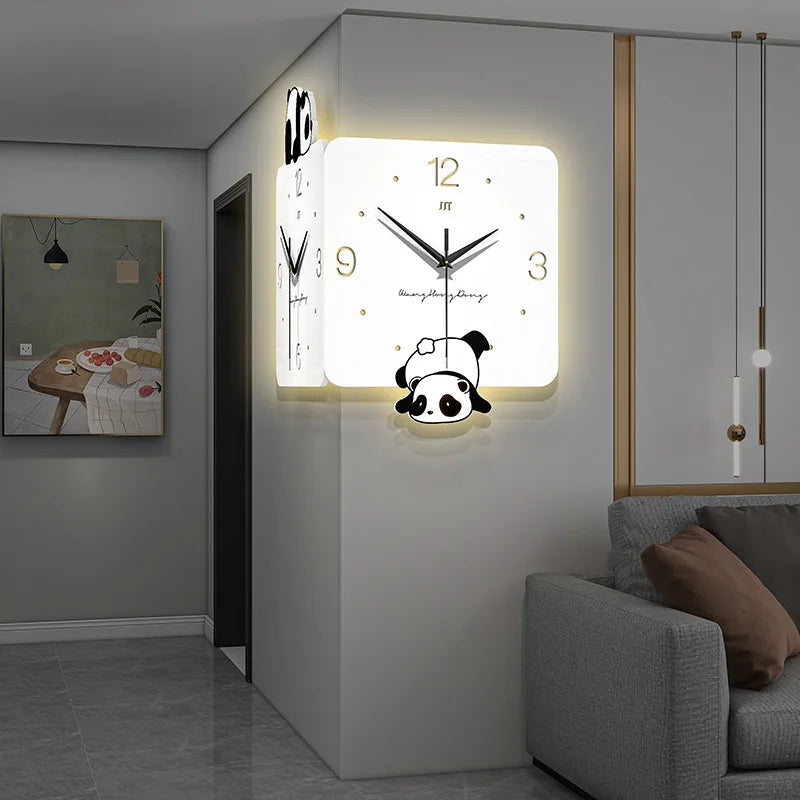 Living Room Panda Design Double-Sided Wall Clock - Creative Advanced Sense Corner Lamp Clock for Home Decoration