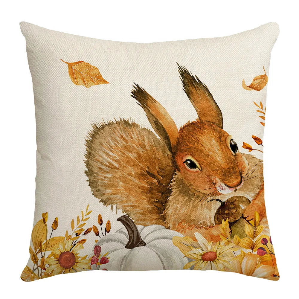 New Fall Thanksgiving Decorative Pillow Cover 45x45cm Couch Cushion Cover Pumpkin Squirrel Print Pillowcase Holiday Decorations 
