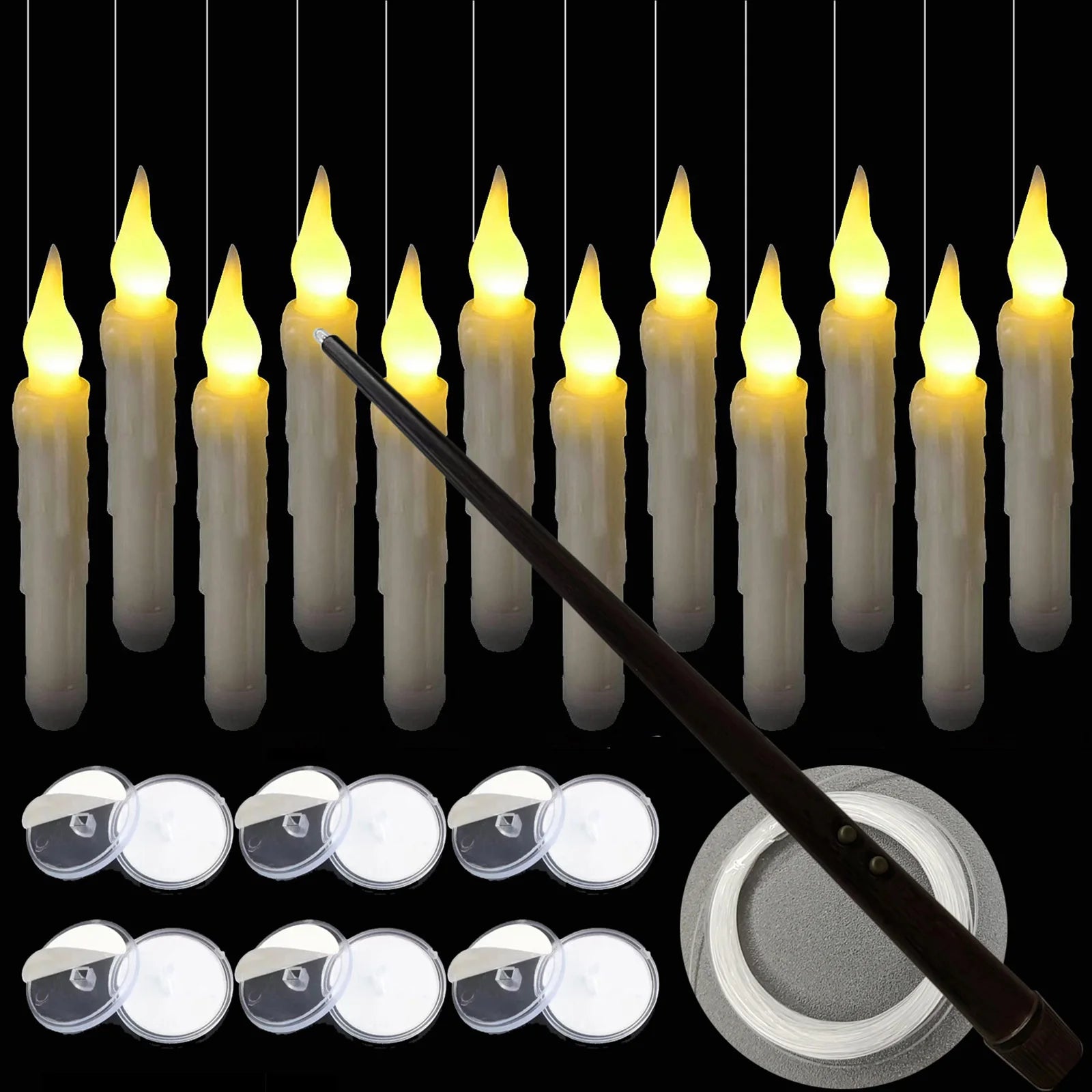 12 Pieces Christmas Hanging Floating Candles Flameless Taper Candles With Wand Magic Remote Control LED Floating Candlestick 