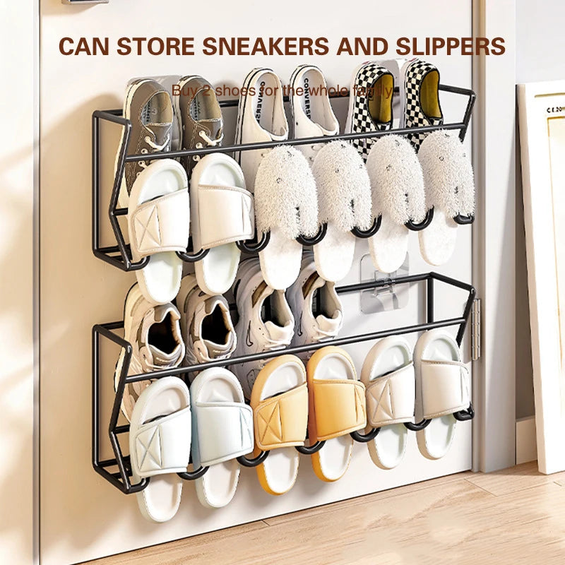 Free Punch Aluminum Slipper Rack Wall Mount Bathroom Bedroom Shoe Hanging Holder Organizer Toilet Wall Door Towel Storage Shelf 