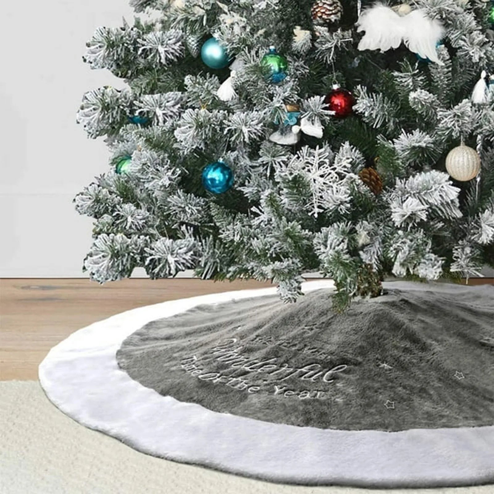 90CM Luxury Faux Christmas Tree Skirt With Snowflake Double Soft 2023 Merry Christmas Tree Skirt For Xmas Party Home Decor 