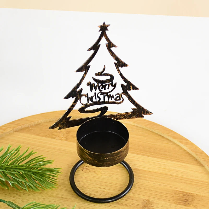 1Pc Christmas Candle Holder Ron Art Hollow Xmas Tree Santa Claus Elk Projection Candlestick Merry Christmas Party Decor Navidad