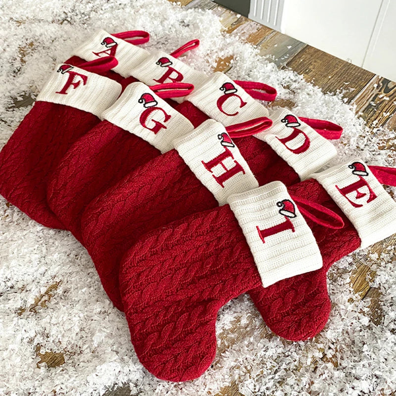 Christmas Stockings Knitting English Letters Christmas Socks Shaped Gifts Ornament New Year Santa Claus Gift Atmosphere Decor