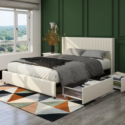 Anna Queen Size Ivory Velvet Upholstered Wingback Platform Bed – Modern Design, Patented 4 Drawers, Headboard & Tight Channel 
