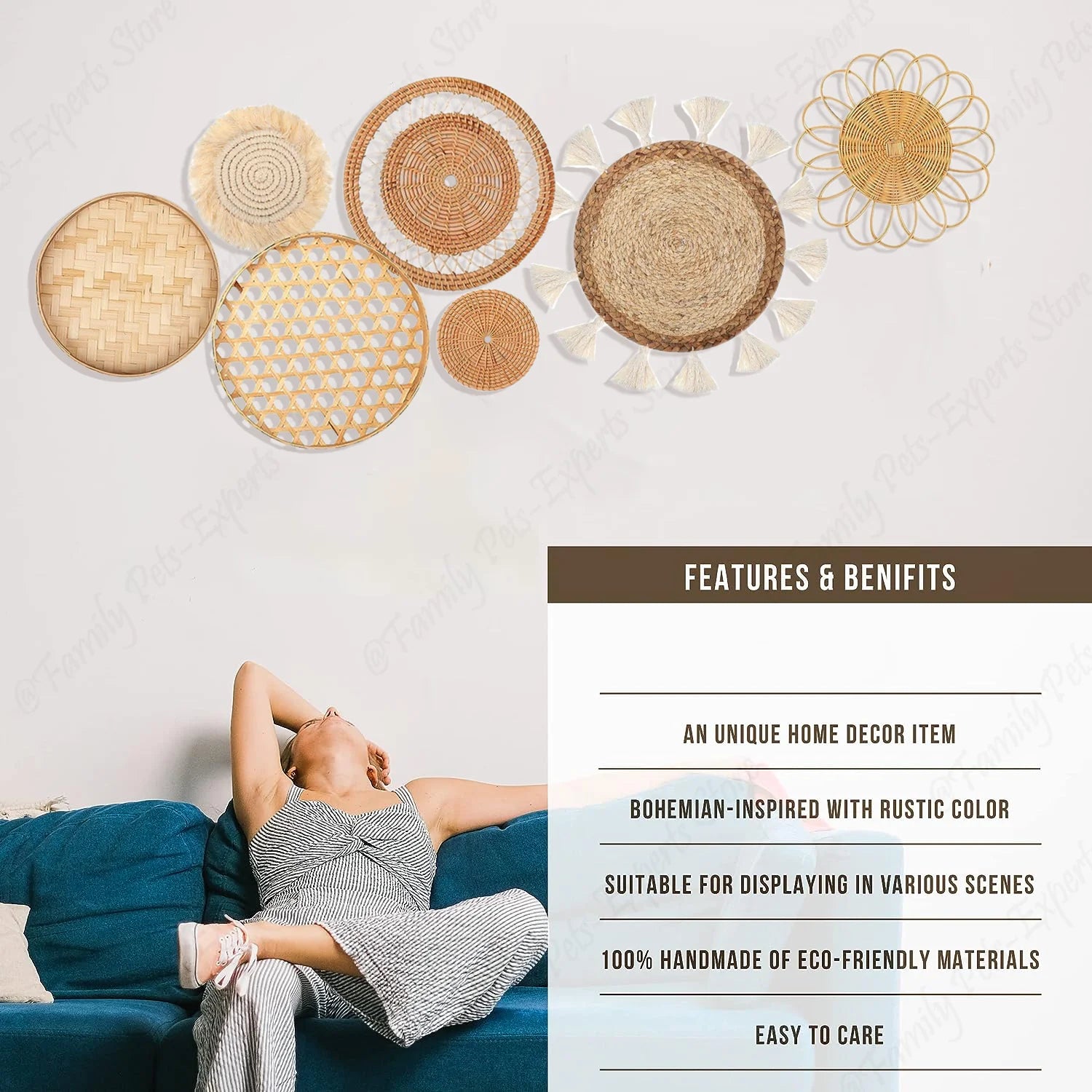 7Pcs Boho Rattan Wall Decor Hanging Woven Baskets Decor Bohemian Home Decor Handmade Wicker Wall Decor for Bedroom Farmhouse 
