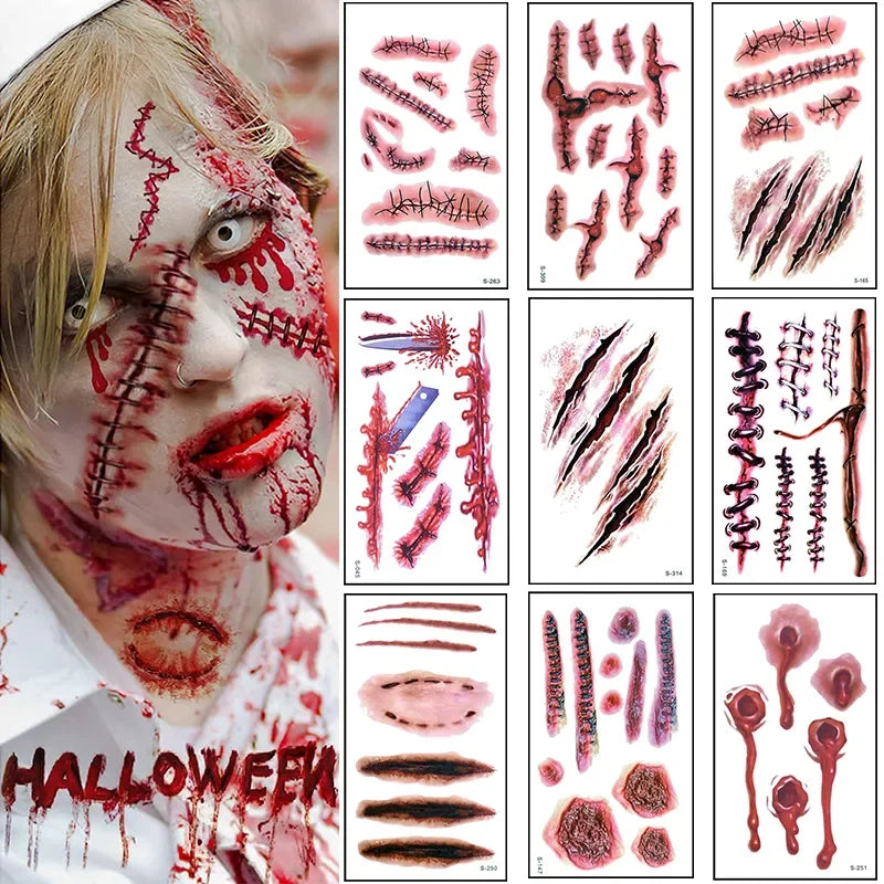 100PCS Halloween Tattoo Stickers Scary Bloody Wound Scar DIY Waterproof Temporary Tattoo Party Body Makeup Halloween Decoration