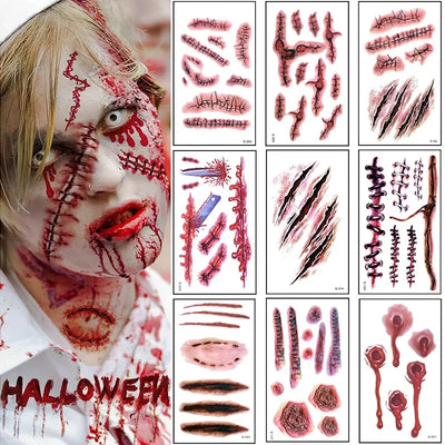 100PCS Halloween Tattoo Stickers Scary Bloody Wound Scar DIY Waterproof Temporary Tattoo Party Body Makeup Halloween Decoration 