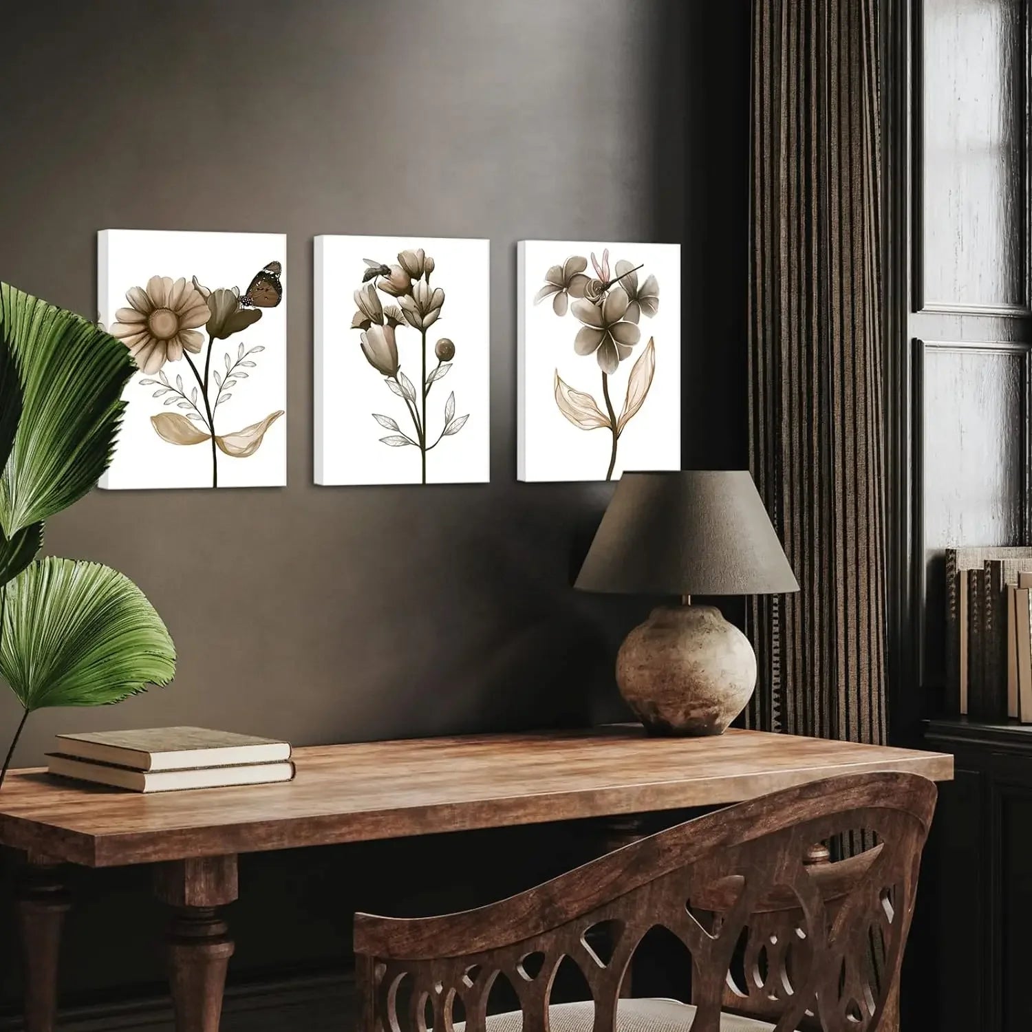3-Piece Set Flower Canvas Wall Art – Framed Brown Flower Painting Art Prints, Transparent Flowers, and Butter 