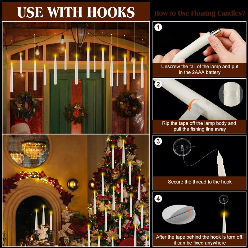 12-60PCS Floating Candles with Wand Magic Flameless Taper Candle Flickering Candlestick Hanging Christmas Decor/Wedding/Party