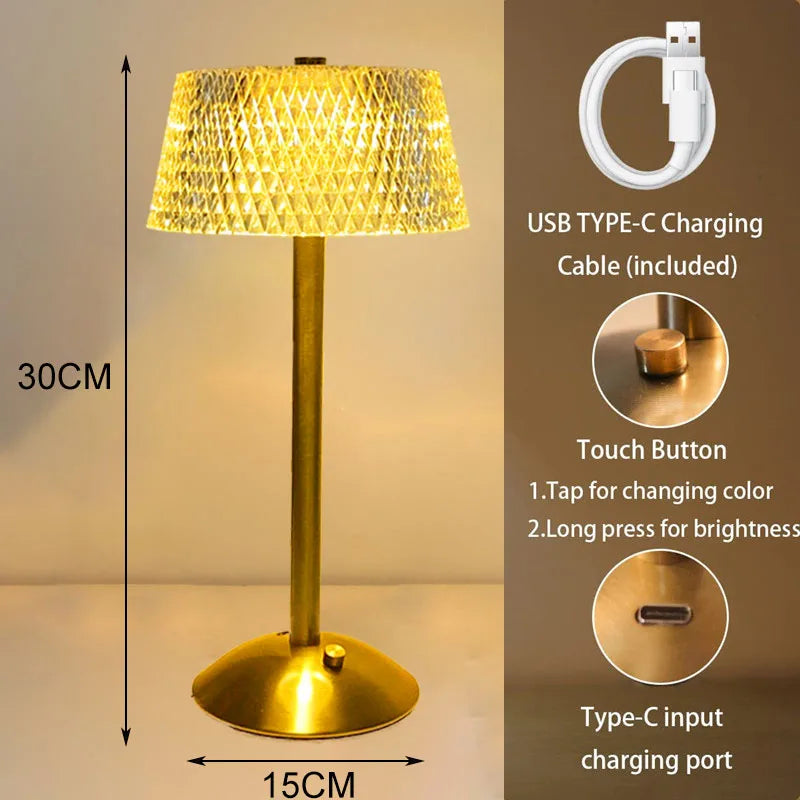 Crystal Table Lamps – Diamond Retro LED Bar Desk Light, USB Rechargeable, Eye Protection Night Light for Bedroom, Hotel, Office, Wedding