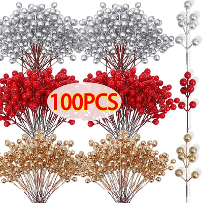 Artificial Berries Red Gold Silver Fake Berries Branch Cherry Stamen Christmas DIY Floral Wreath Ornament New Year Party Decor 