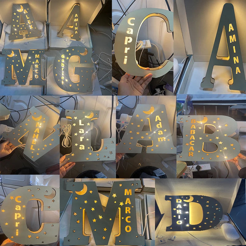 Customized Wall Decor LED Night Light – 24 Letters with Name, Stars and Moon Design, Wooden Sign Lamp, Bedroom Decor, Baby Christmas Kids Gifts 