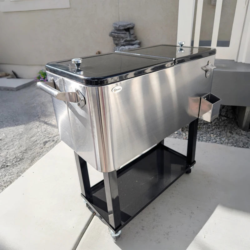 80 Quart Rolling Cooler Cart Ice Beer Beverage Cooling Bin for Outdoor Party, 35.4" x 15.4" x 32.7", Silver