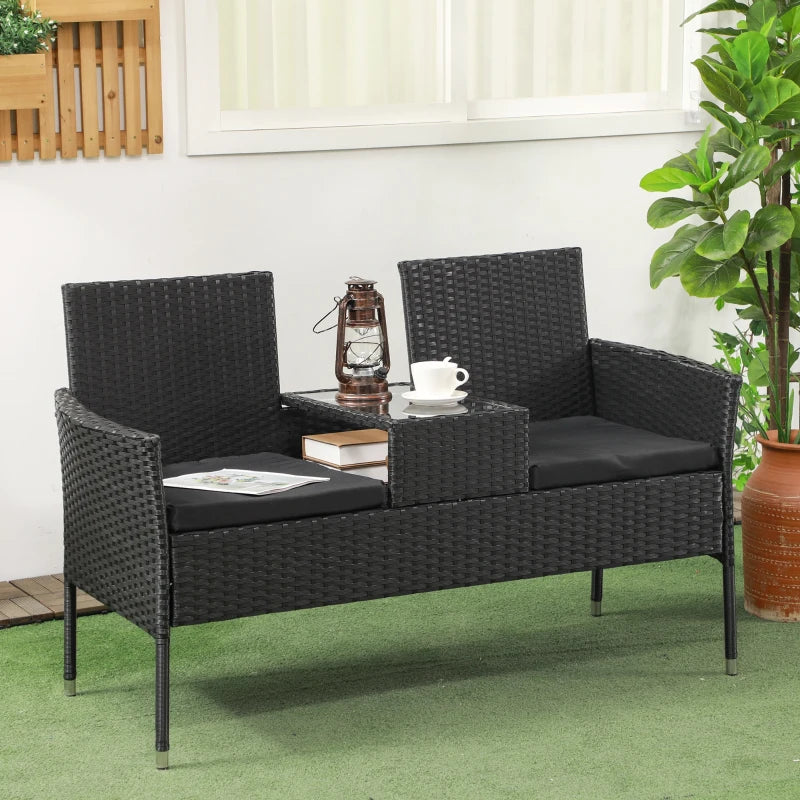 Patio Furniture w/ Mid-Table PE Rattan Loveseat w/ Cushion, Black