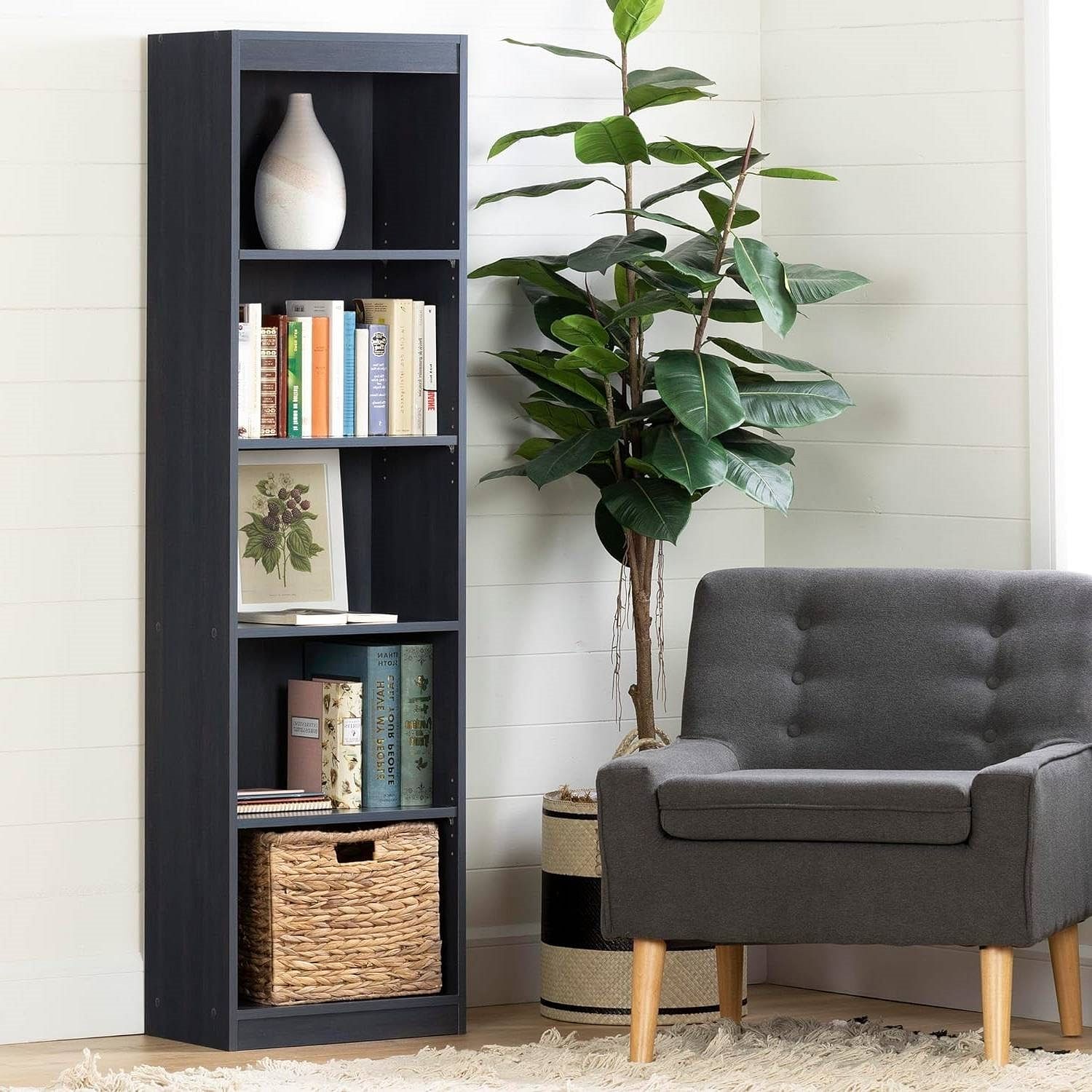 Narrow 5-Shelf Bookcase Slim Storage Shelving Unit Dark Blue Black Wood Finish - Free Shipping 
