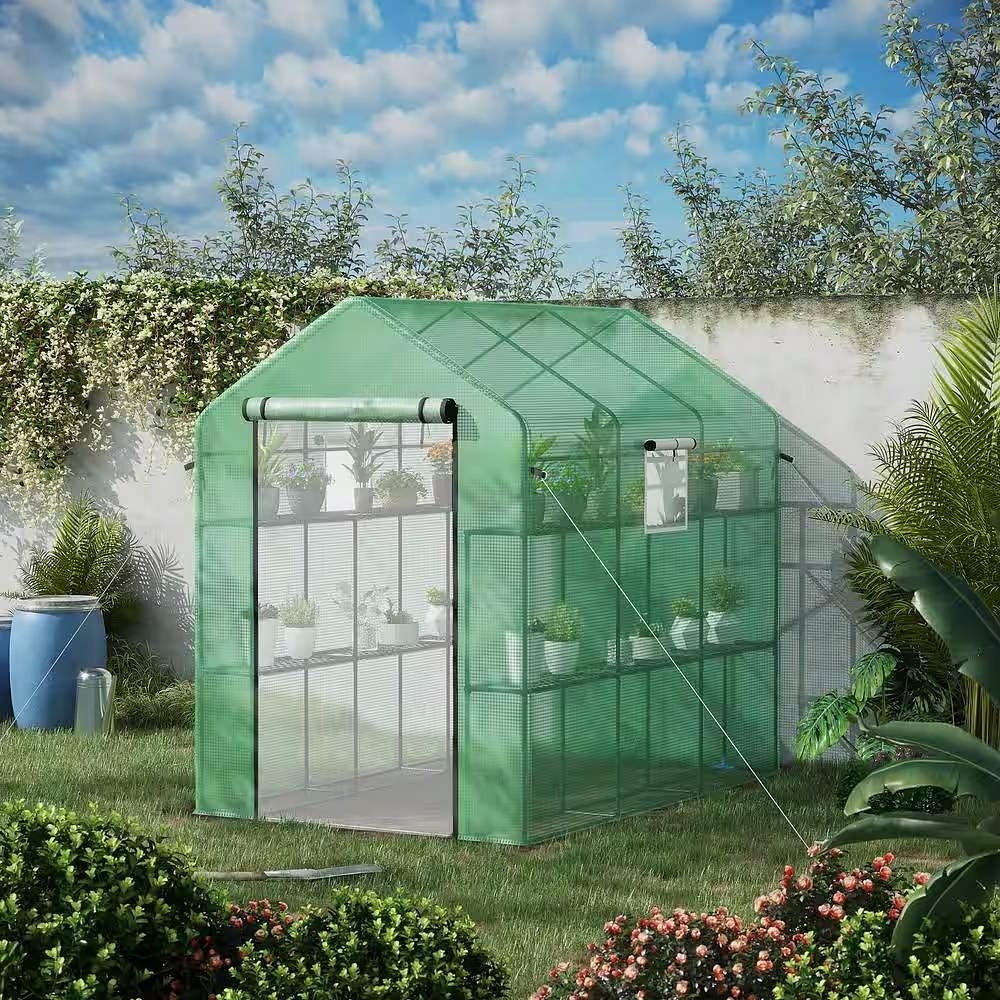 7 ft x 4.7 ft Oudoor Greenhouse with Steel Frame and Green PE Cover - Free Shipping