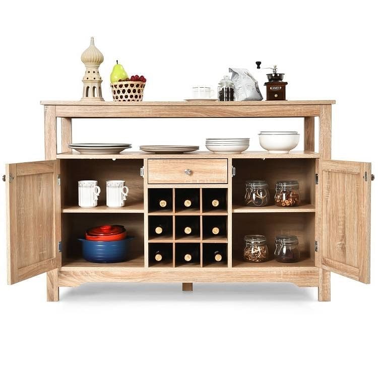 Wood Sideboard Dining Buffet Server Cabinet with Wine Rack and Storage Shelf - Free Shipping