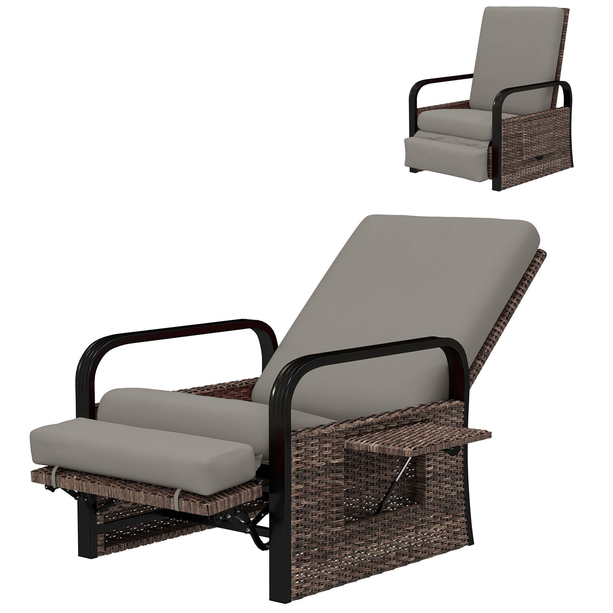 Outsunny Wicker Outdoor Recliner Chair, Reclining Lounge Chair with Adjustable Backrest, Footrest and Side Tray, Light Grey 
