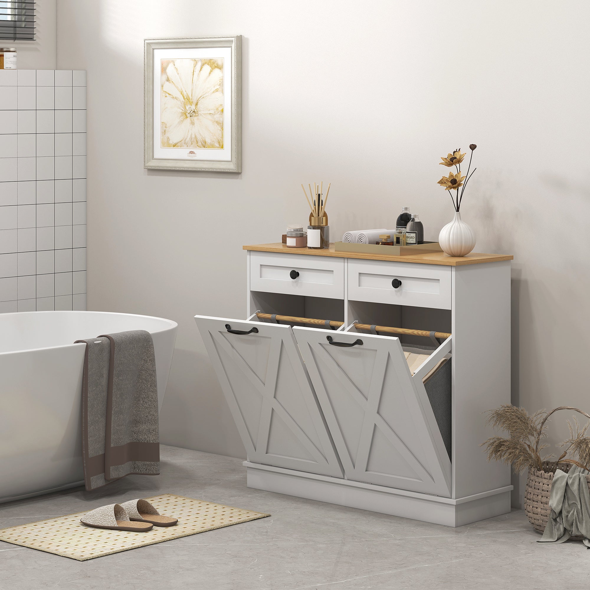 HOMCOM Tilt Out Laundry Cabinet, Bathroom Storage Cabinet with 2 Removable Baskets and 2 Drawers, White 